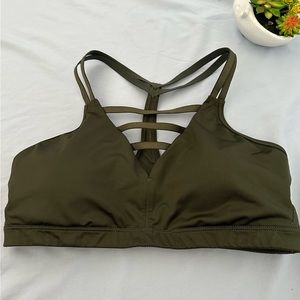 #045# Victoria Secret Sport Bra Olive Green V Neck Strappy T Back Size L